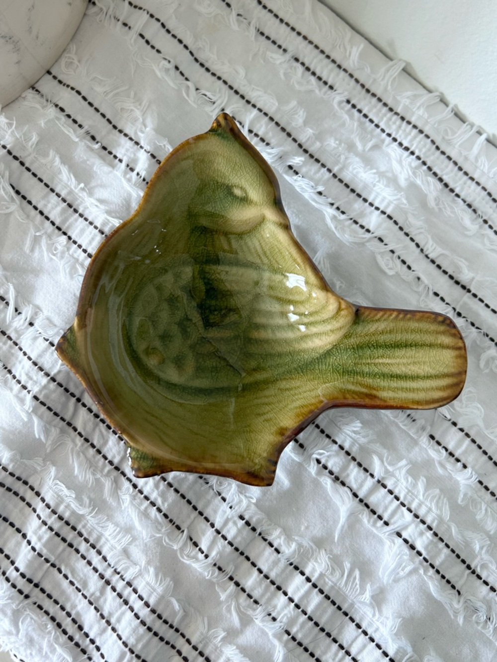 Cracker Barrel Nature’s Garden Green Bird Bowl Crackle Glaze Dish 6”